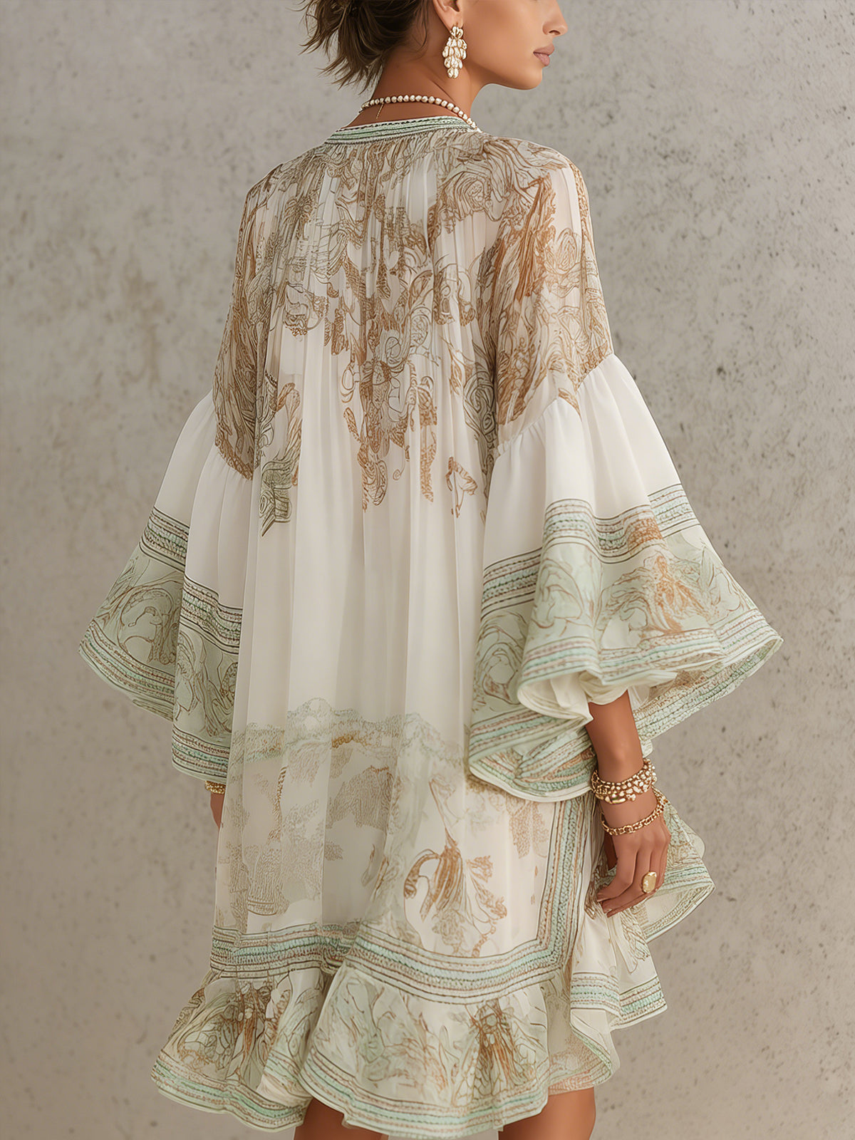 HANNELORE - MINIABITO IN CHIFFON CON STAMPA BAROCCA E BALZE A CASCATA