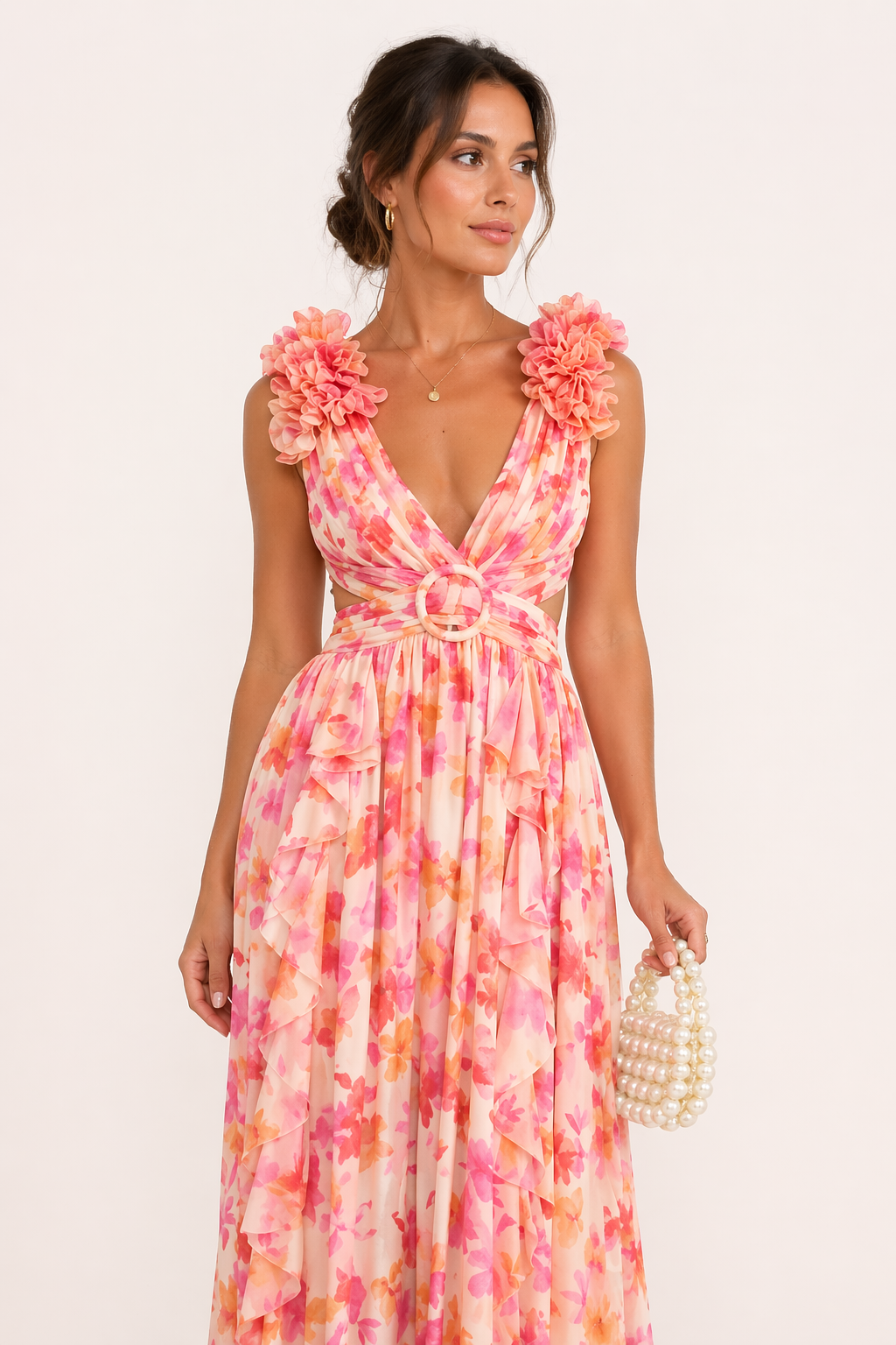 YRA | ABITO LUNGO IN CHIFFON – SCOLLO A V, STAMPA FLOREALE, FIORI IN RILIEVO (3D), CUT-OUT, ABITO DA CERIMONIA