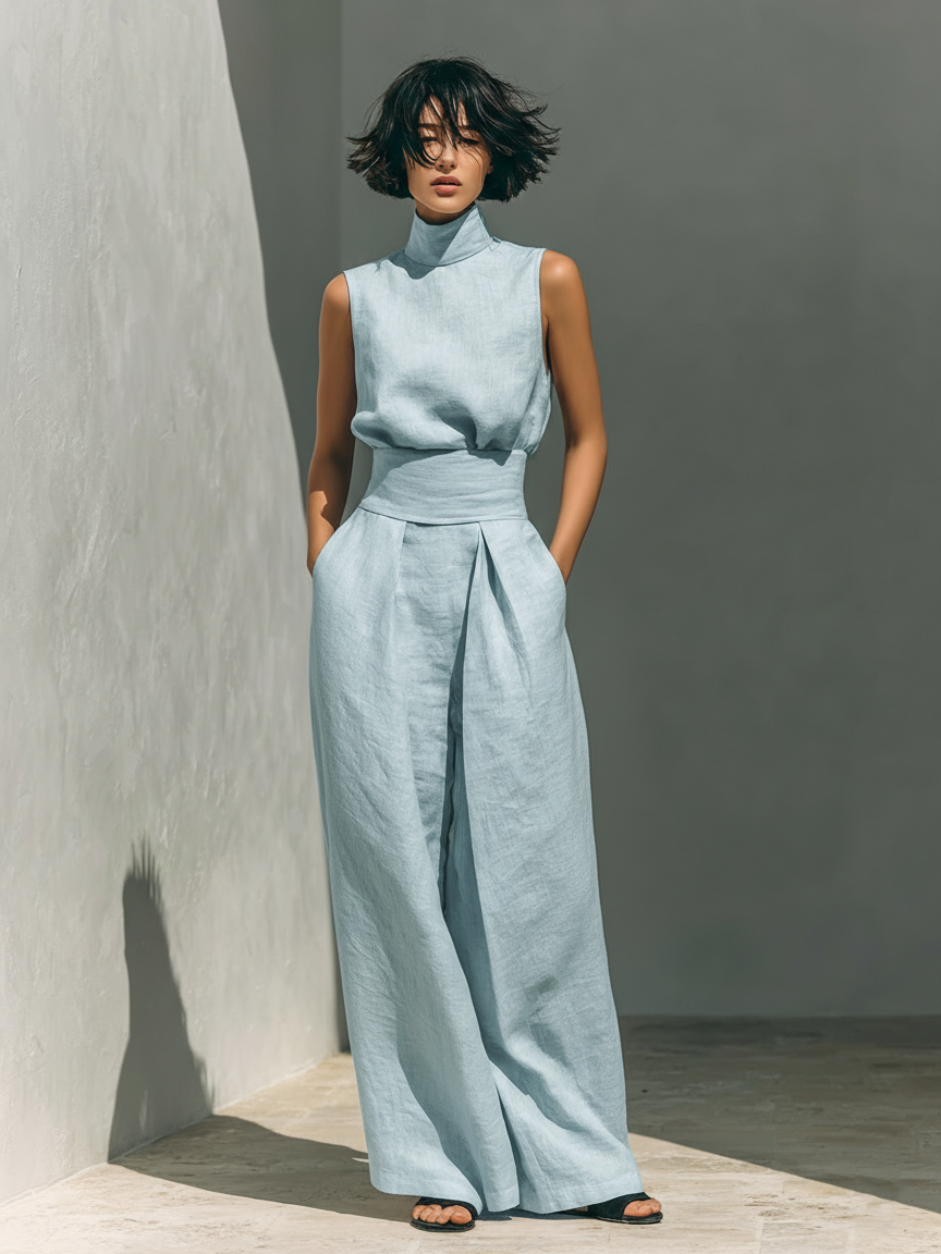 MEVY™ | COMPLETINO CON CANOTTA E PANTALONE LARGO IN COTONE E LINO