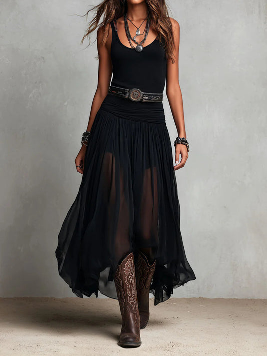 OLLA - ELEGANTE ABITO LUNGO IN TULLE CON CINTURA