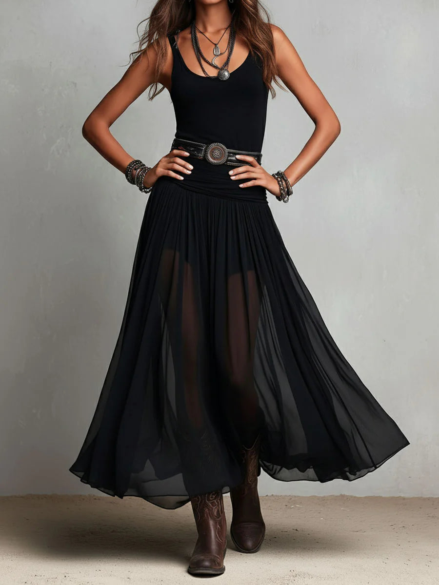 OLLA - ELEGANTE ABITO LUNGO IN TULLE CON CINTURA