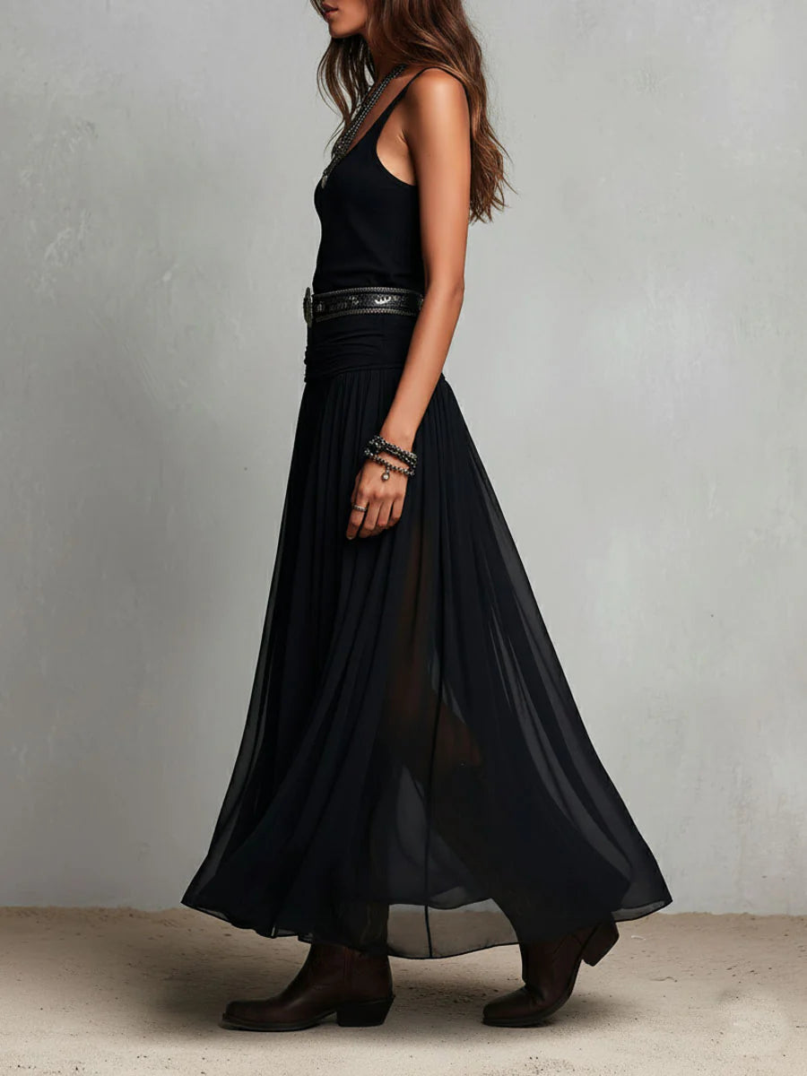 OLLA - ELEGANTE ABITO LUNGO IN TULLE CON CINTURA