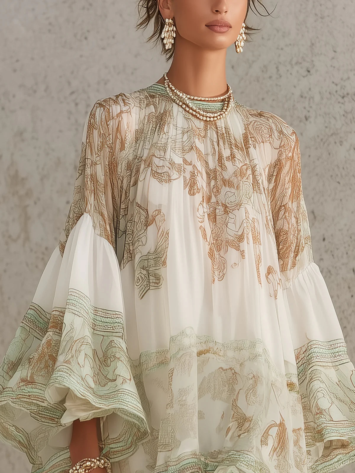HANNELORE - MINIABITO IN CHIFFON CON STAMPA BAROCCA E BALZE A CASCATA