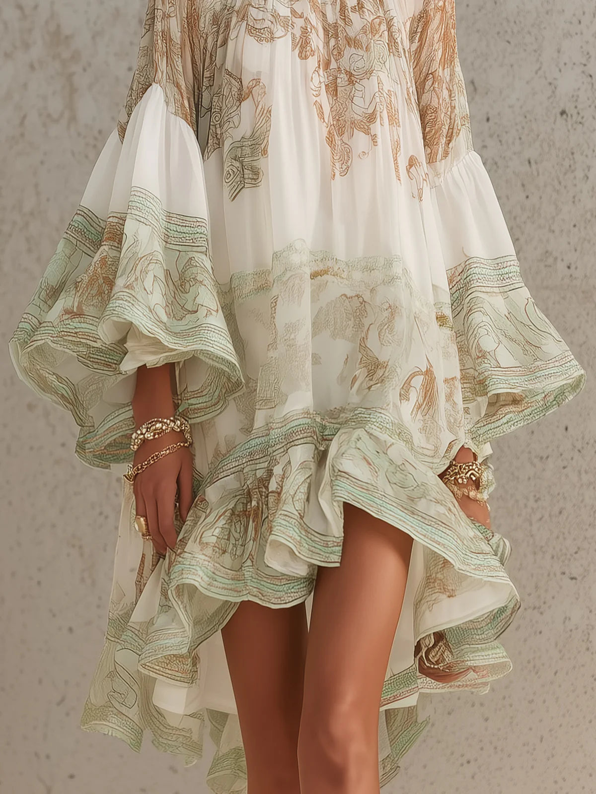 HANNELORE - MINIABITO IN CHIFFON CON STAMPA BAROCCA E BALZE A CASCATA