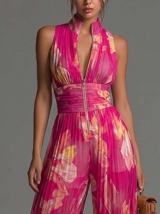 LAILA - JUMPSUIT PLISSETTATO FLOREALE FUCSIA